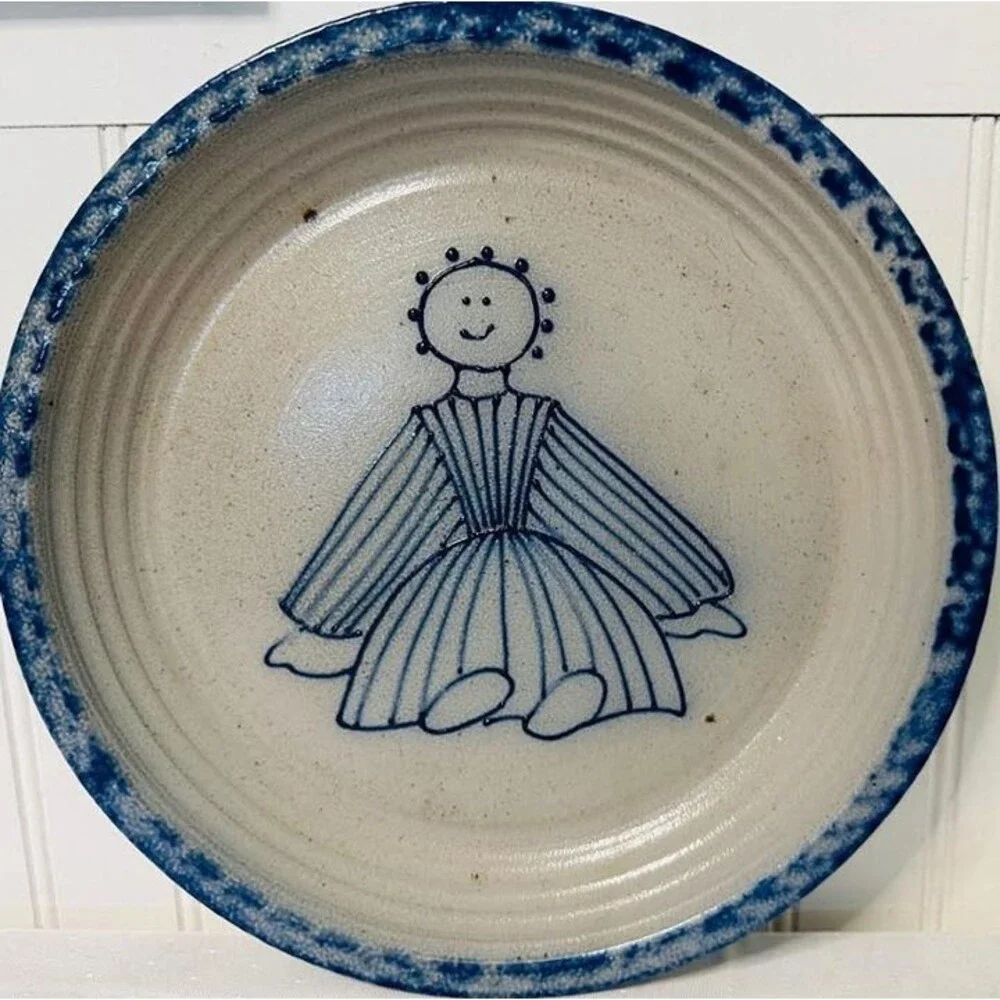 VINTAGE ELDRETH POTTERY (PA) STONEWARE SPONGE PAINT POTTERY SIGNED PLAT